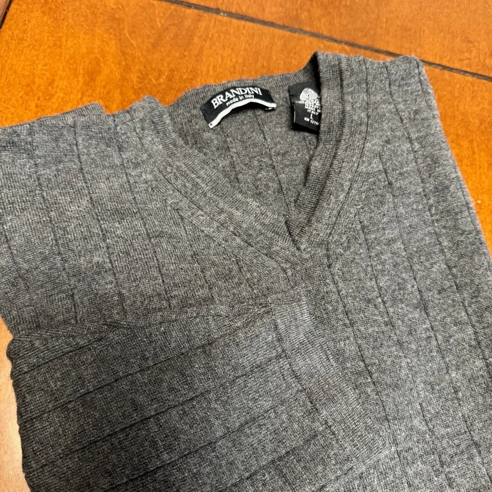 Brandini Sweater Men's Large Dark Gray V-Neck Ribbed 100% Merino Wool Pullover